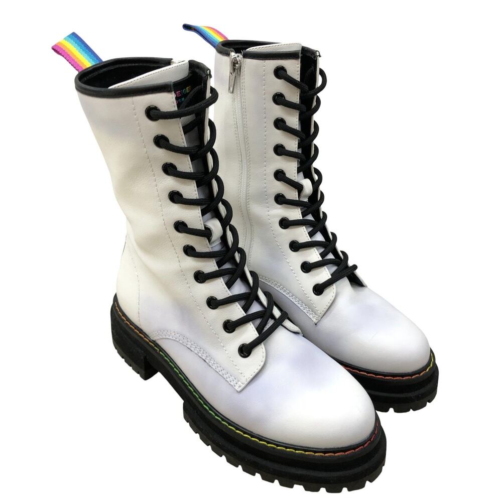 Kurt Geiger Boots Womens 37 White Leather Combat Platform Rainbow Stitch BLEMISH